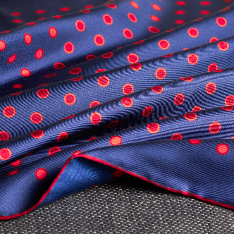 Luna polka dot silk pocket in blue with red dots by Otway & Orford