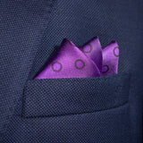 Luna polka dot silk pocket square in purple with purple and lilac dots by Otway & Orford folded in top pocket