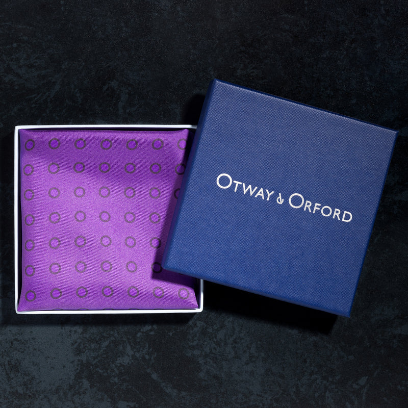 Luna polka dot silk pocket square in purple with purple and lilac dots in gift box by Otway & Orford