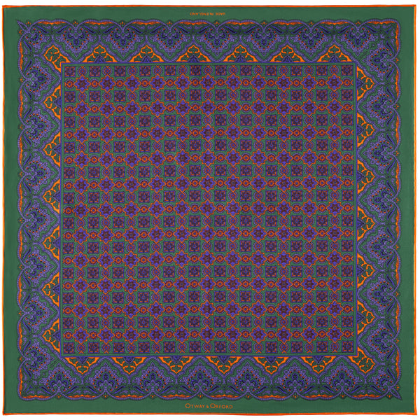 Millefiori silk pocket square in green, blue & orange by Otway & Orford