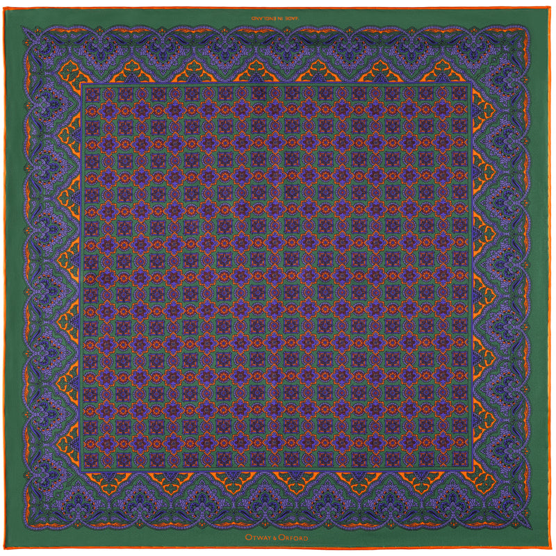 Millefiori silk pocket square in green, blue & orange by Otway & Orford