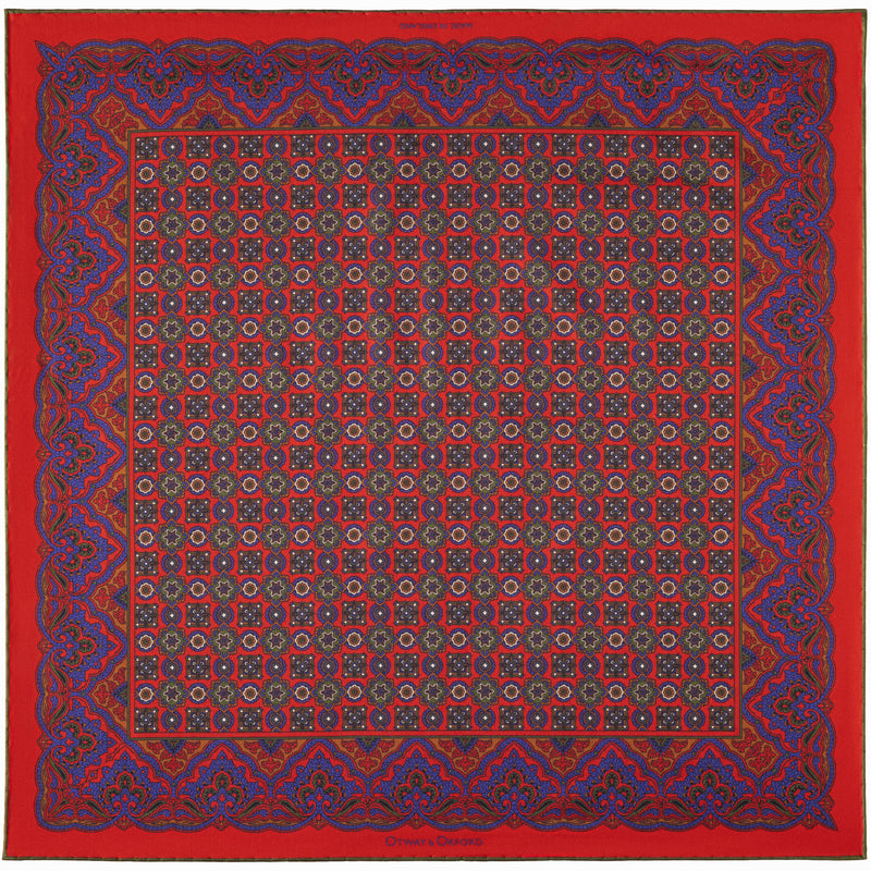 Millefiori silk pocket square in red, blue, green & white by Otway & Orford
