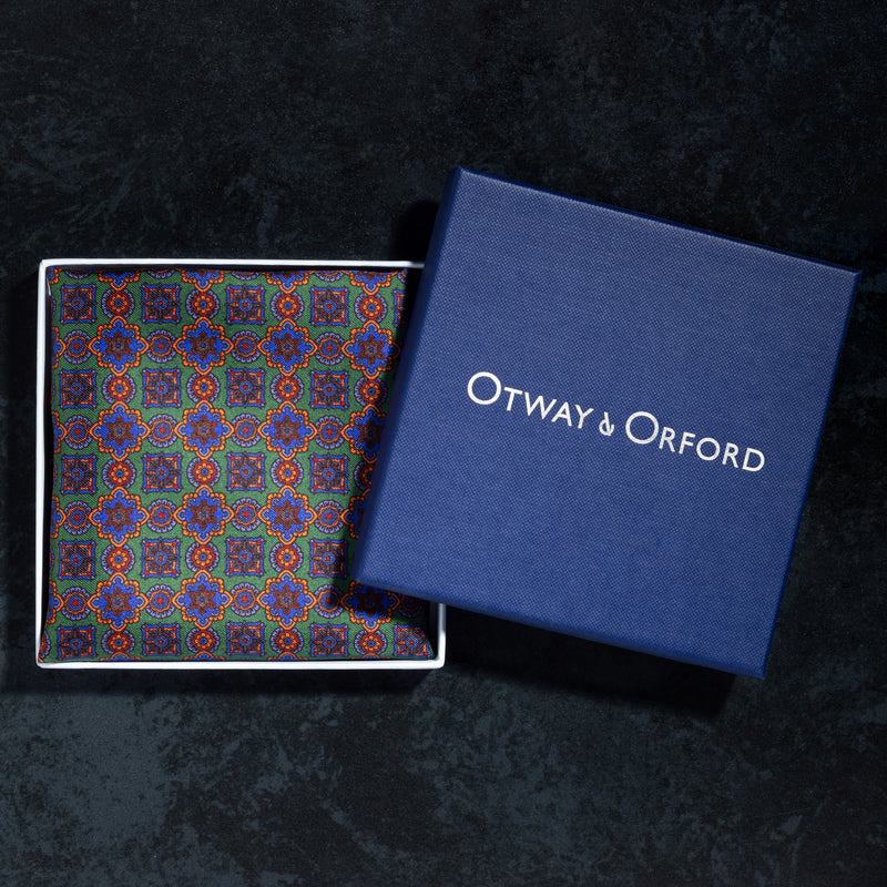 Millefiori silk pocket square in green, blue & orange in gift box by Otway & Orford