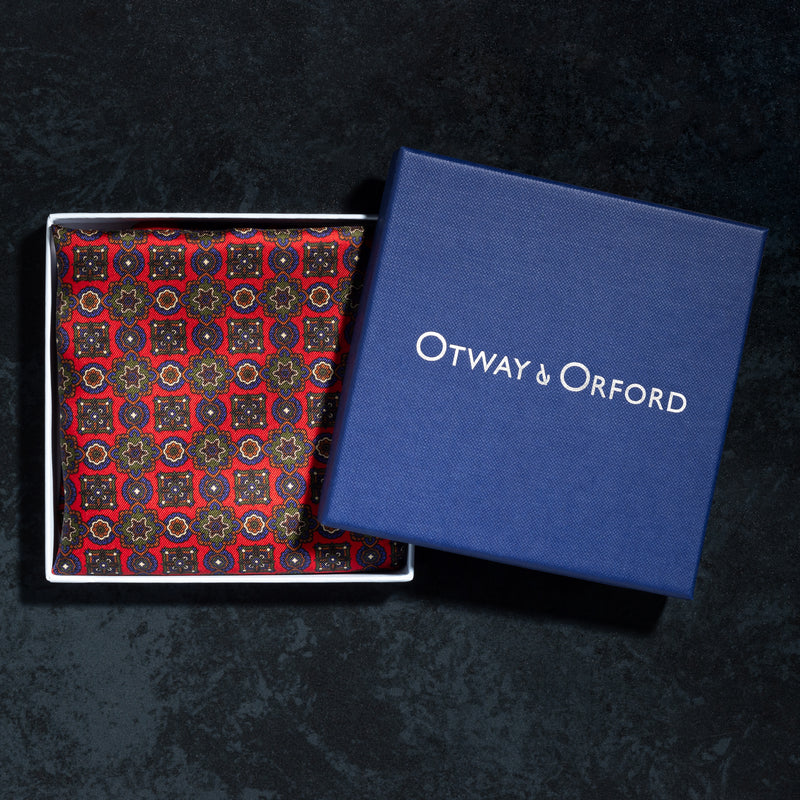 Millefiori silk pocket square in red, blue, green & white in gift box by Otway & Orford