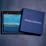 1960s American muscle car silk pocket square in blue & orange by Otway & Orford folded in gift box