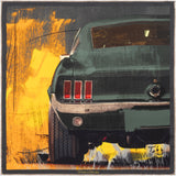 Silk pocket square featuring iconic 1960s US muscle car in Highland Green on orange background.