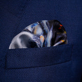 1960s GT car silk pocket square in grey & silver by Otway & Orford folded in top pocket