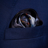 1960s GT car silk pocket square in grey & silver by Otway & Orford folded in top pocket