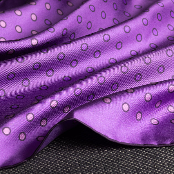 Luna polka dot silk pocket square in purple with purple and lilac dots by Otway & Orford