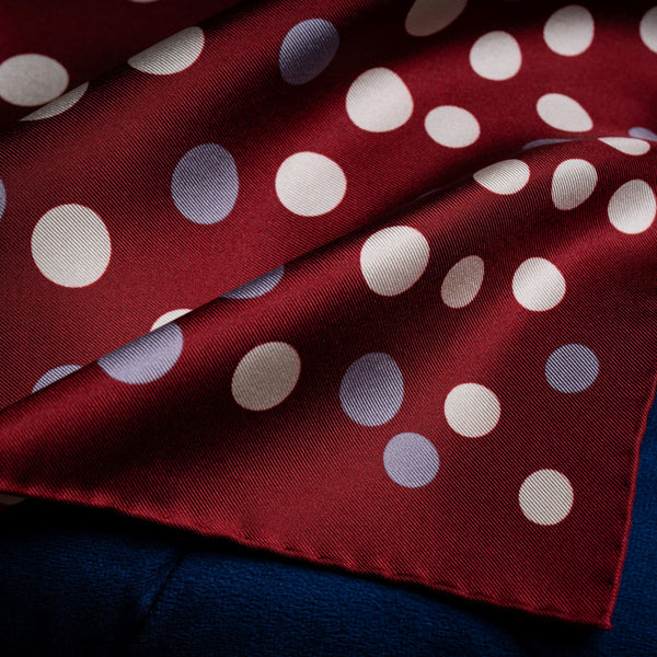 'Planetarium' polka dot silk pocket square in maroon with grey and cream by Otway & Orford