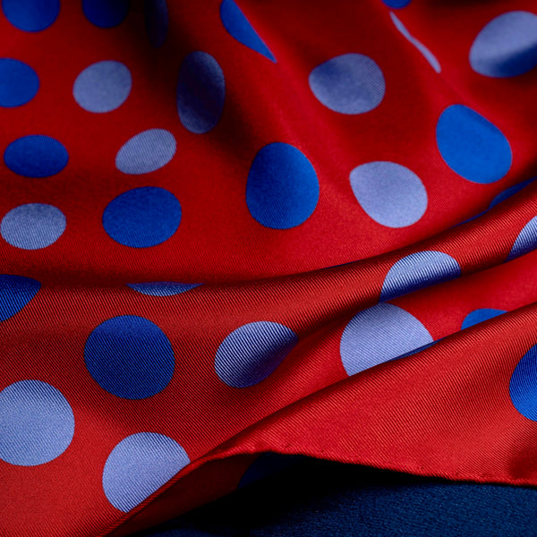 'Planetarium' polka dot silk pocket square in red with blue dots by Otway & Orford