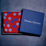 'Planetarium' polka dot silk pocket square in red with blue dots by Otway & Orford in gift box