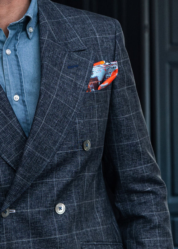 Spitfire silk pocket square by Otway & Orford worn with blue check jacket