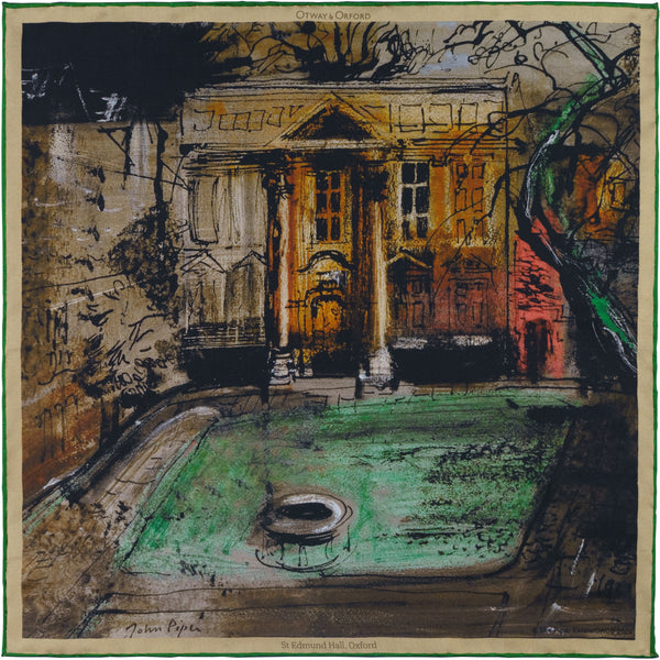 'The Hall' Oxford College silk pocket square in gold, red, green & brown (42 x 42cm)