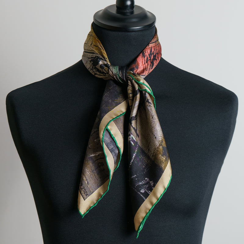 'The Hall' Oxford College ladies' silk scarf in gold, red, green & brown (65 x 65cm)