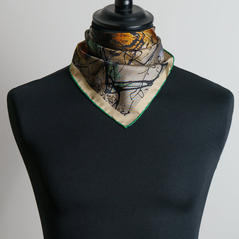 'The Hall' Oxford College ladies' silk scarf in gold, red, green & brown (65 x 65cm)