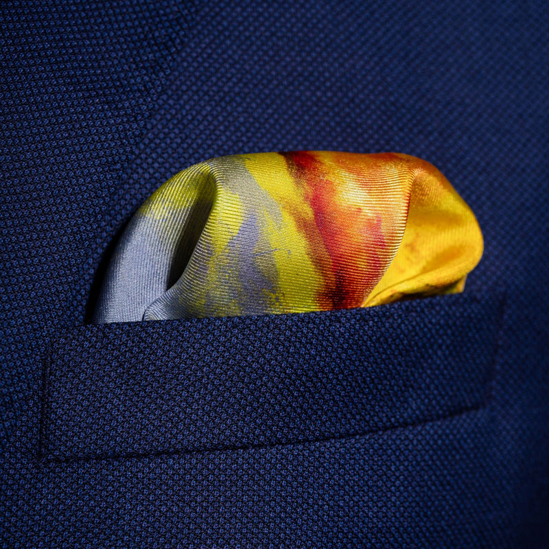 Baseball silk pocket square in yellow, green & navy blue by Otway & Orford folded in top pocket