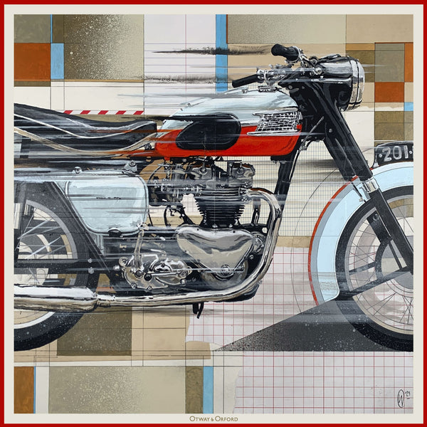 'Vintage Velocity' silk pocket square in red, pale blue, black & brown (42 x 42cm)
