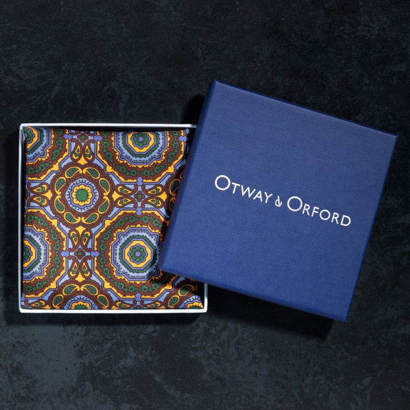 Whirligig medallion silk pocket square in blue, orange, brown & green in gift box by Otway & Orford