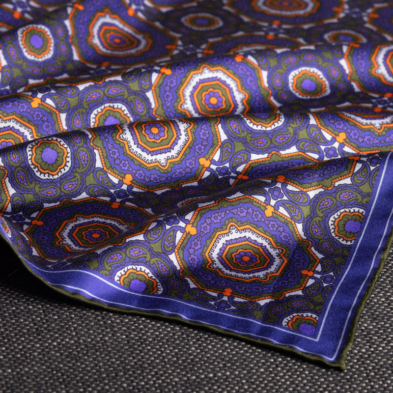 'Whirligig' medallion silk pocket square in blue, orange & green (42 x 42cm)