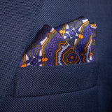 'Whirligig' medallion silk pocket square in blue, orange & green (42 x 42cm)