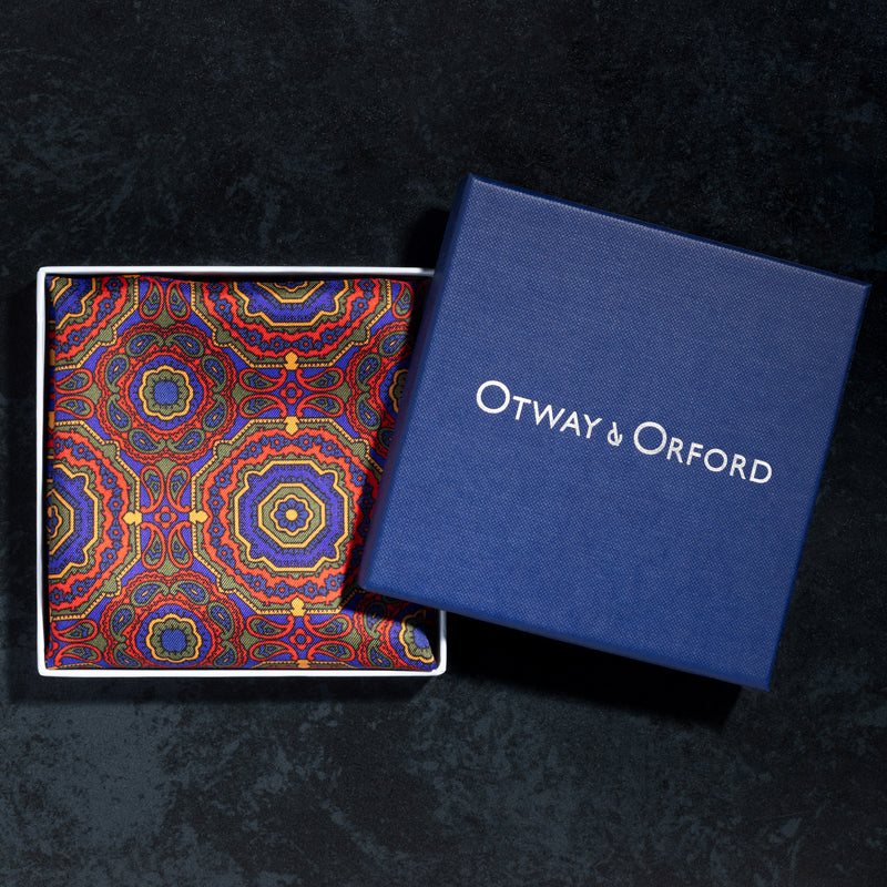 Whirligig medallion silk pocket square in red, green, blue & gold in gift box by Otway & Orford