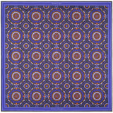 'Whirligig' medallion silk pocket square in blue, orange & green (42 x 42cm)