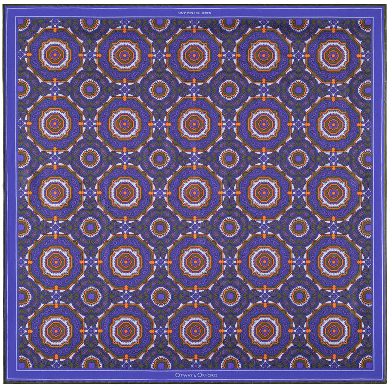 'Whirligig' medallion silk pocket square in blue, orange & green (42 x 42cm)