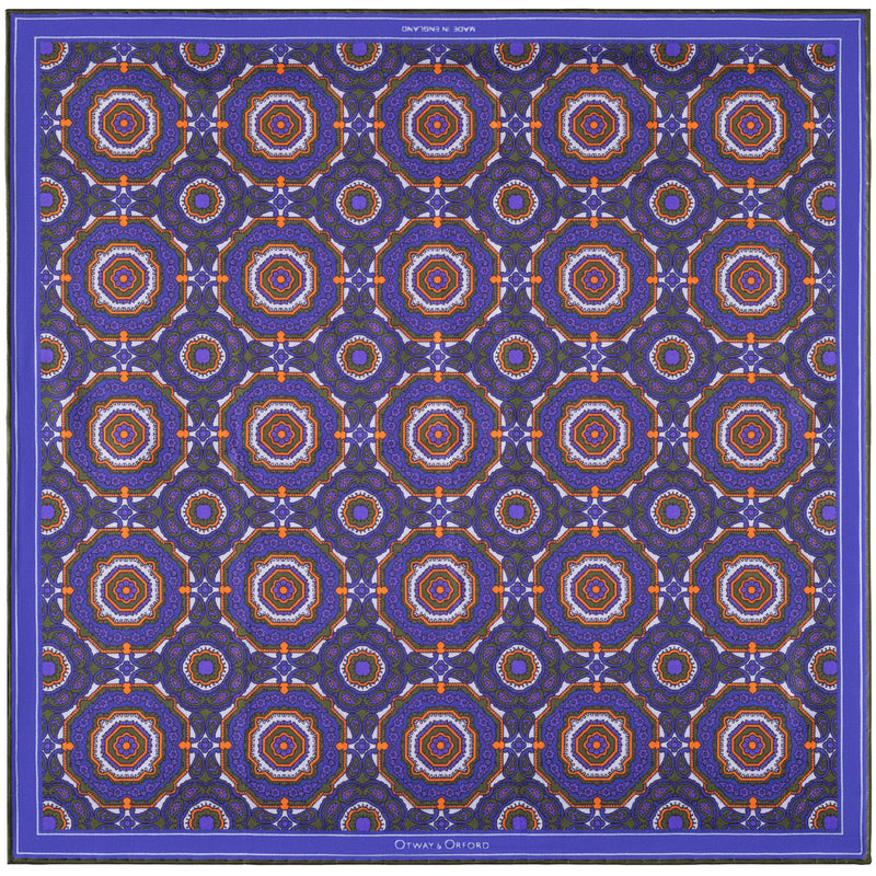 'Whirligig' medallion silk pocket square in blue, orange & green (42 x 42cm)