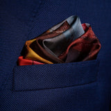 Classic German sports cars inspired silk pocket square in red, yellow and blue by Otway & Orford folded in top pocket