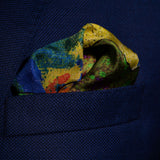 Tennis silk pocket square in green, purple and blue by Otway & Orford folded in top pocket