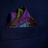 Tennis silk pocket square in green, purple and blue by Otway & Orford folded in top pocket