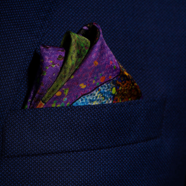 Tennis silk pocket square in green, purple and blue by Otway & Orford folded in top pocket