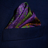 Tennis silk pocket square in green, purple and blue by Otway & Orford folded in top pocket
