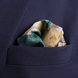 Classic motor racing inspired silk pocket square in green and gold by Otway & Orford folded