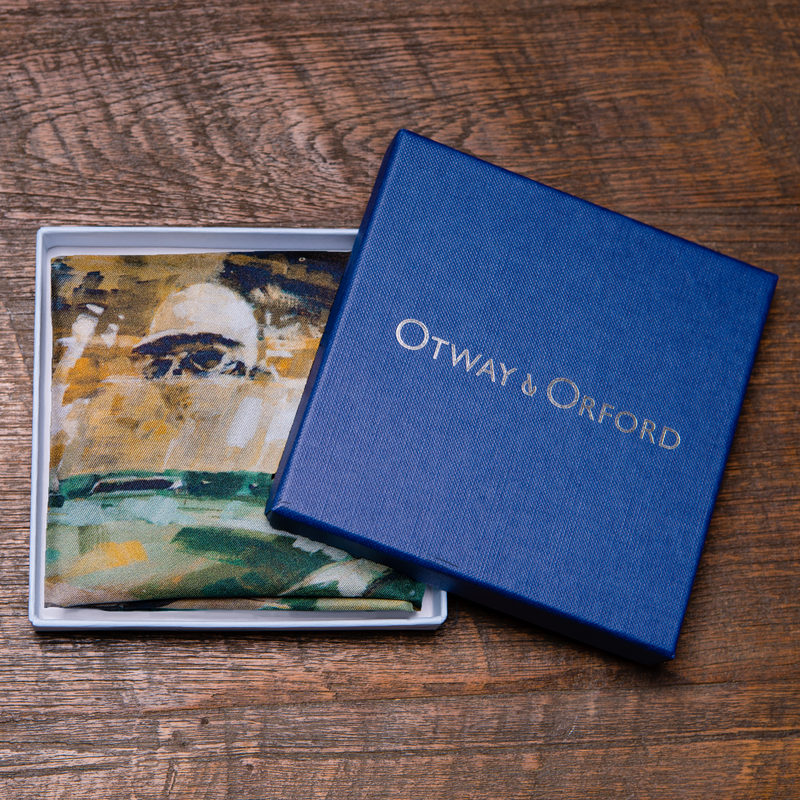 Classic motor racing inspired silk pocket square in green and gold by Otway & Orford in gift box