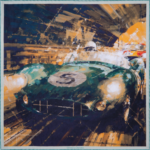 Classic motor racing inspired silk pocket square in green and gold by Otway & Orford