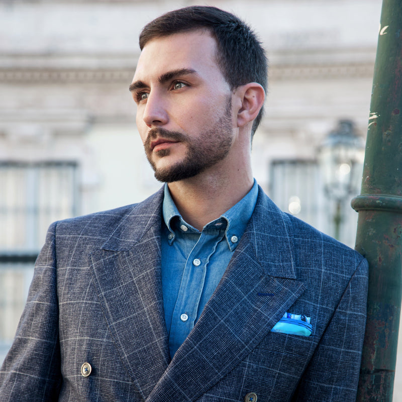 Sailing silk pocket square in blue by Otway & Orford worn with blue check jacket