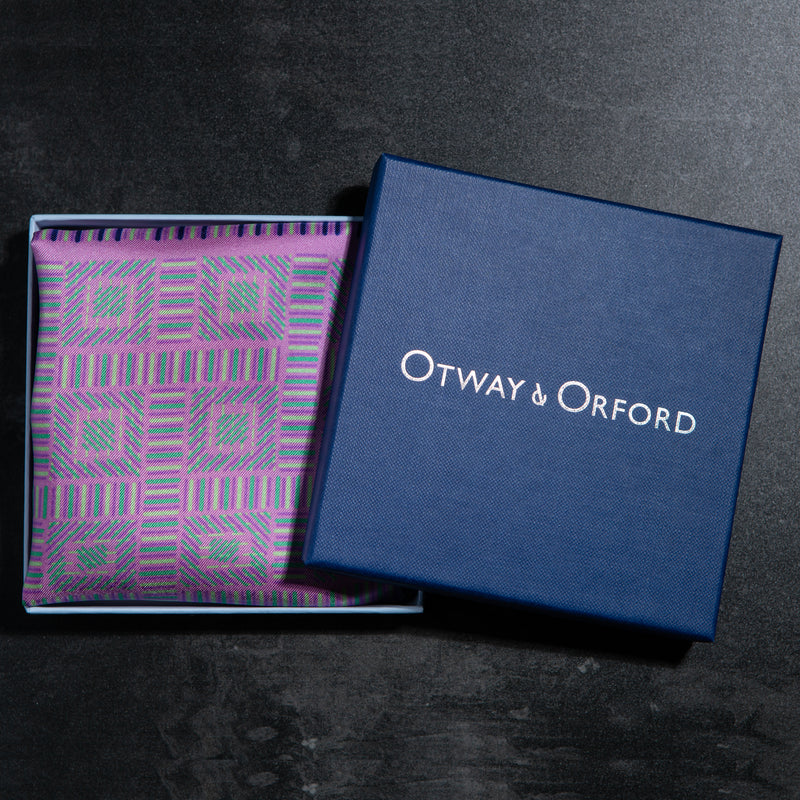 Squares design silk pocket square in deep pink with blue, mauve & green by Otway & Orford in gift box