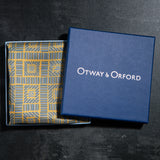 Squares design silk pocket square in gold & blue by Otway & Orford in gift box