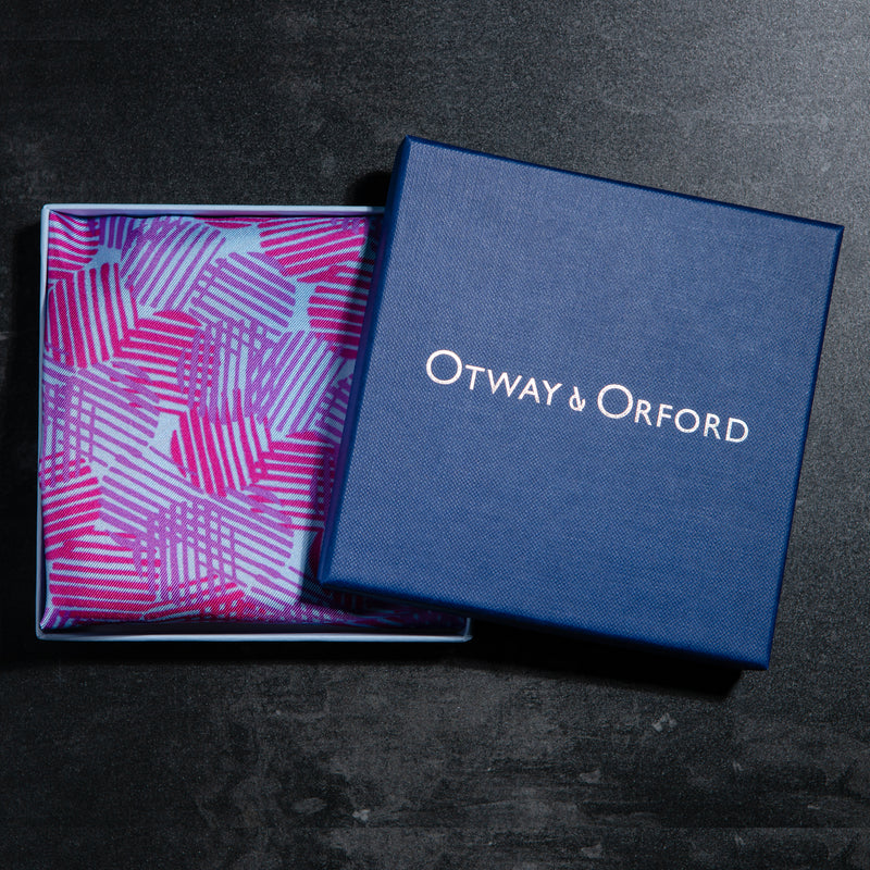 Dots design silk pocket square in blue with mauve & pink by Otway & Orford in gift box