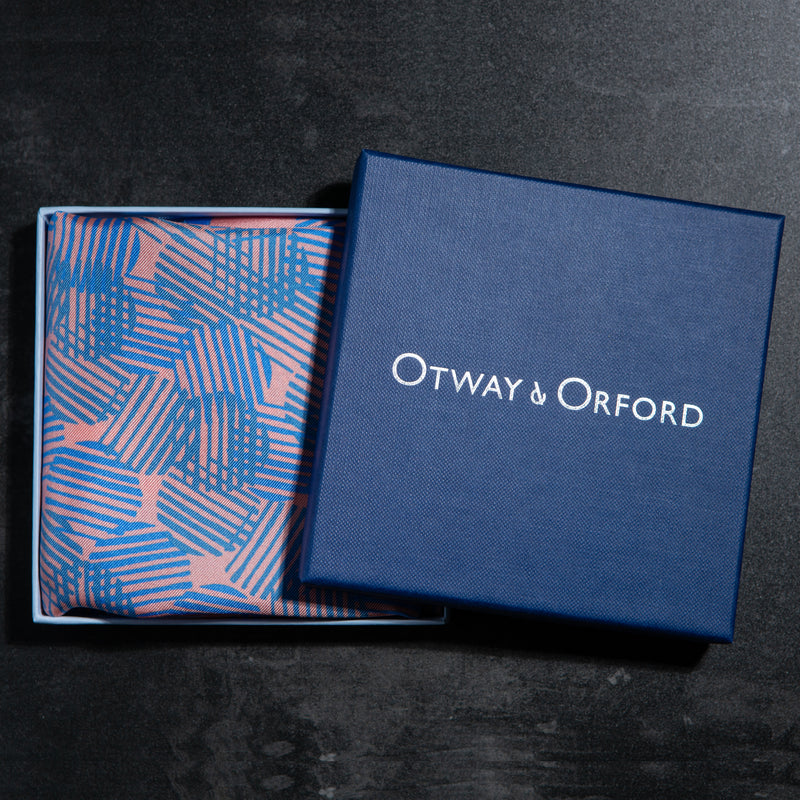 Dots design silk pocket square in pink with blue by Otway & Orford in gift box