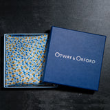 Spots design silk pocket square in blue, gold & white by Otway & Orford in gift box