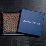 Spots design silk pocket square in green, orange & purple by Otway & Orford in gift box