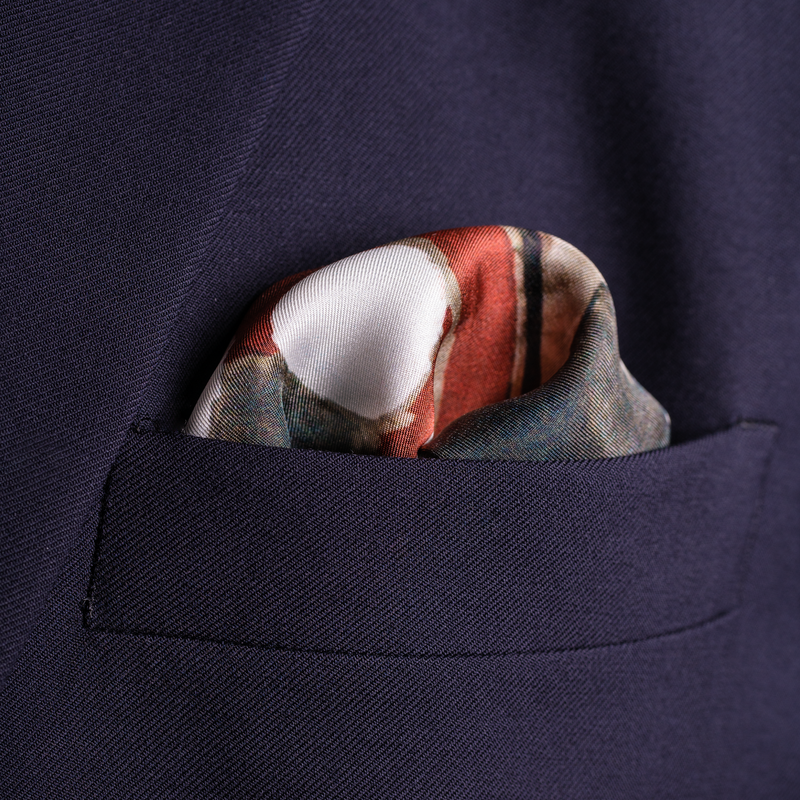 Italian Job inspired silk pocket square in red, white and grey by Otway & Orford folded 1