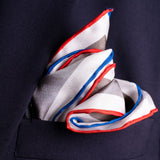 Italian Job inspired silk pocket square in red, white, blue and grey by Otway & Orford folded 3