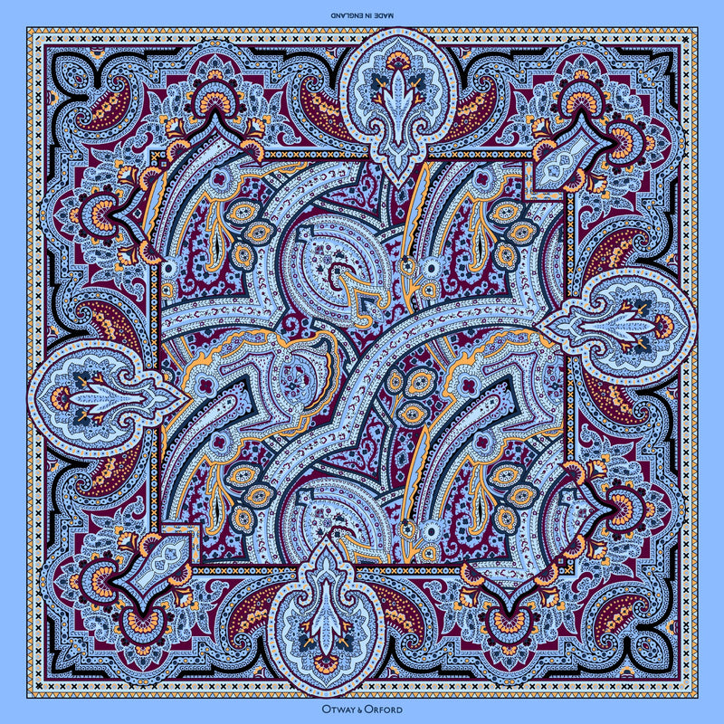 Intricate paisley design silk pocket square in blue, burgundy & gold by Otway & Orford