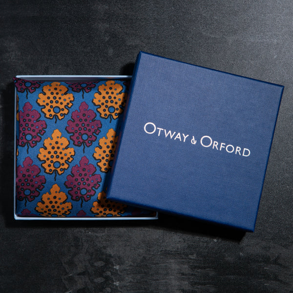 Leaf design silk pocket square in blue, burgundy & gold by Otway & Orford
