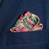 Leaf design silk pocket square in camel, green & pink by Otway & Orford folded in top pocket