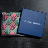 Leaf design silk pocket square in camel, green & pink by Otway & Orford folded in gift box